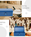 Heavy Duty Metal Tool Box Pair In Blue Thick Iron Construction With Sturdy Latches Portable Trunk Storage For Your Ride Or Home Workshop Solid Setup, featuring open blue toolbox with tools.