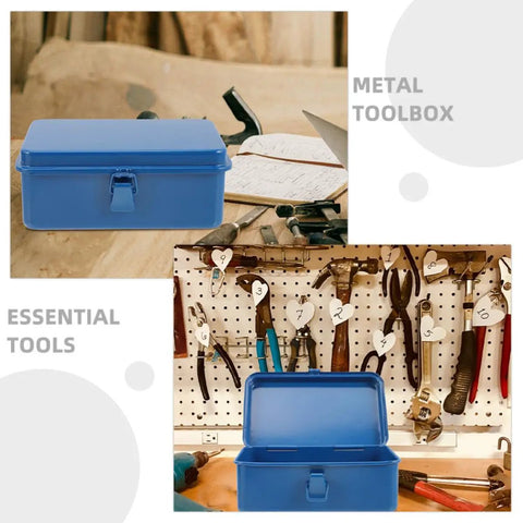 Heavy Duty Metal Tool Box Pair In Blue Thick Iron Construction With Sturdy Latches Portable Trunk Storage For Your Ride Or Home Workshop Solid Setup, featuring open blue toolbox with tools.