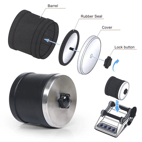 Turn Rough Rocks Into Shiny Gems At Home With This DIY Rock Tumbler Kit Featuring A Seven Day Timer Two Belts A Bag Of Rough Stones And Four Grit Stages From Coarse To Final Polish For Dazzling Gemstones showing disassembled barrel components.