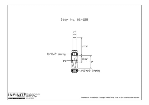 Technical drawing of Mini Mega Flush Trim Router Bit Set With Carbide Tip, showing dimensions and bearing sizes for precision routing.