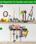 Comparison of garden and lawn tools before and after using Heavy Duty Garage Tool Organizer With 48 Inch Rails And Six Double Layer Hooks, Wall Mount Storage Rack For Yard Tools, Shovels, Garden Gear, And Shed Organization.
