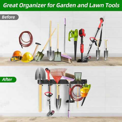 Comparison of garden and lawn tools before and after using Heavy Duty Garage Tool Organizer With 48 Inch Rails And Six Double Layer Hooks, Wall Mount Storage Rack For Yard Tools, Shovels, Garden Gear, And Shed Organization.