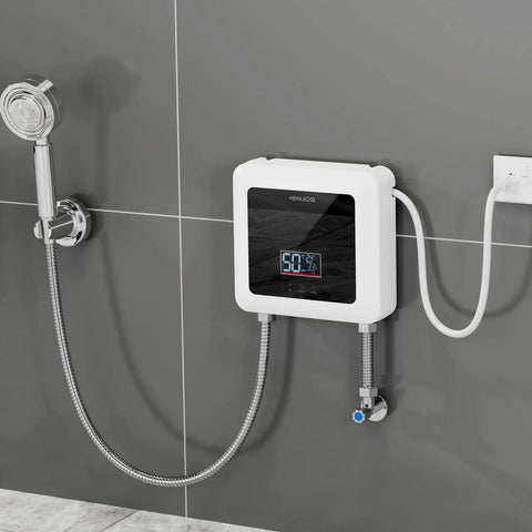 7500W Tankless Electric Water Heater with Remote Control and Digital Display mounted on bathroom wall