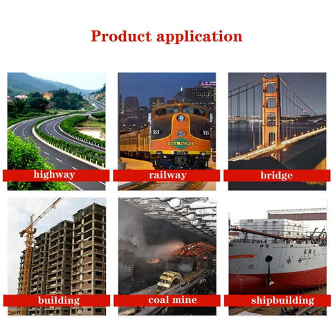 Collage of six images showing applications: highway, railway, bridge, building, coal mine, and shipbuilding.