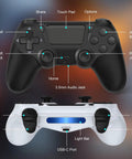Two Pack Wireless Controllers For PS4 Pro And Slim Black White Color With Dual Vibration, front view showing features