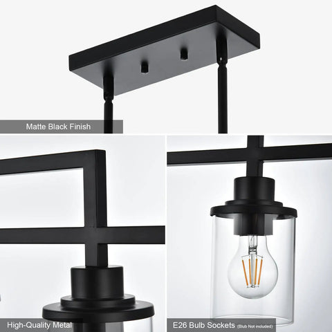 Close-up of Dope Five Light Black Modern Chandeliers With Clear Glass Shades showing matte black finish and E26 bulb socket.