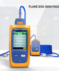 Image of two Fluke DSX-5000 Network Testers with blue cables and screen displaying test results in a data center environment.