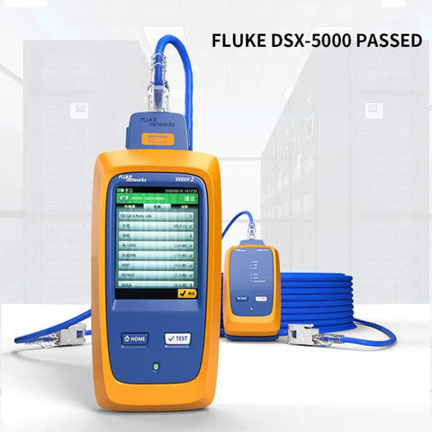 Image of two Fluke DSX-5000 Network Testers with blue cables and screen displaying test results in a data center environment.