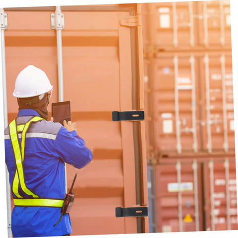 Two Pack Flexible Draw Latch Rubber Lock for electrical cabinets on cargo container door with worker securing latch