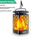 Upgraded Solar Lantern With Realistic Flickering Flame Outdoor Hanging Lantern Lights For Patio Garden Deck Yard Waterproof LED 4 Pack Solar Powered Ambience Lighting Hassle Free No Wiring Easy Setup shown with dimensions and hanging clip