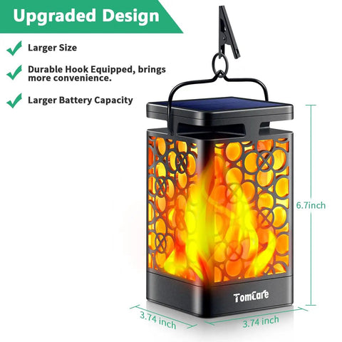 Upgraded Solar Lantern With Realistic Flickering Flame Outdoor Hanging Lantern Lights For Patio Garden Deck Yard Waterproof LED 4 Pack Solar Powered Ambience Lighting Hassle Free No Wiring Easy Setup shown with dimensions and hanging clip