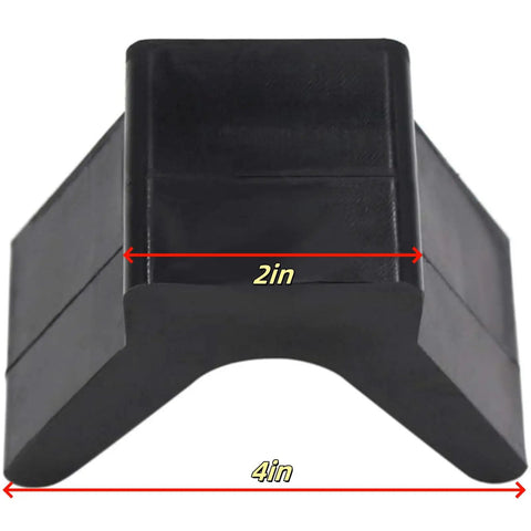V-Shape Boat Trailer Bow Stop, 2 Inch Mounting Width, 4 Inch V-Span, Rubber Bow Block, V-Style Trailer Roller Stop, Non Marking Polyurethane, 1/2 Inch Mounting Holes, Protects Boat From Scratches And Abrasion, front view with 2in and 4in dimensions