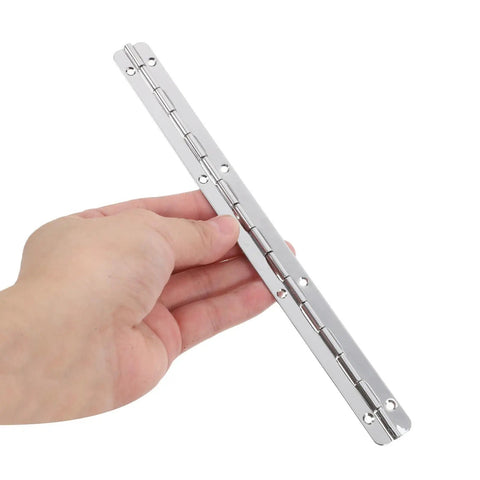 Person holding one heavy duty piano hinge from 3 pack, iron construction for wooden boxes and cabinets with smooth action.