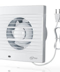 Front view of a powerful 4 inch wall mount exhaust fan for bathrooms and more, 77 CFM airflow, 12W low power, quiet 34 dB plug in vent with backdraft damper, ideal for kitchen, garage, office, white.