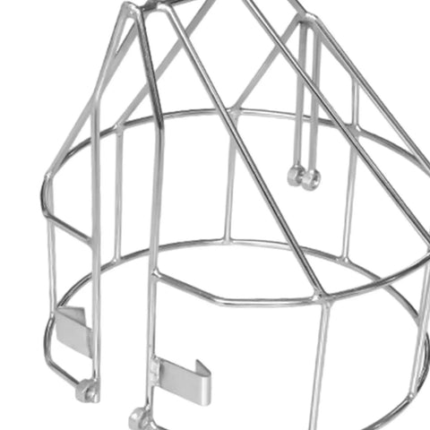 Close-up of stainless steel outboard propeller guard mesh cover and safety cage for 18 HP marine motors.