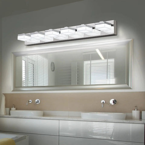 Modern Dimmable LED Vanity Lights Over Mirror Gloss Chrome Six Light Bathroom Fixture Easy Direct Wire Install Energy Saving Vanity Lighting For A Sleek Lit Look mounted above bathroom mirror