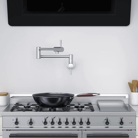 Brushed Stainless Pot Filler Faucet Wall Mount With Stretchable Double Joint Swing Arm over stovetop, 304 Stainless Steel
