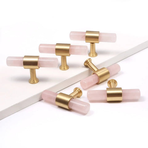Set Of 2 Crystal Stone T Bar Pull Handles With Screws In Brushed Brass Finish Durable Crystal T Bar Hardware For Cabinet Dresser Cupboard And Kitchen Decor Rose Quartz Designed For Elegant Cabinet Decor And Dresser