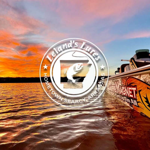 Side view of fishing boat at sunset promoting All In One Crappie Fishing Kit With 64 Bodies, 2 EZ Floats on the water.