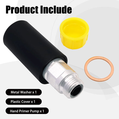Beefed Up DT466E And DT530E Primer Pump Kit For Heavy Duty Diesels Compatible With Caterpillar Komatsu Mack Mercedes Benz John Deere 4430 Hino Volvo Deutz Toyota Navistar Replaces 2447010038 2447222126 1824946C2 showing components including a metal washer, plastic cover, and hand primer pump