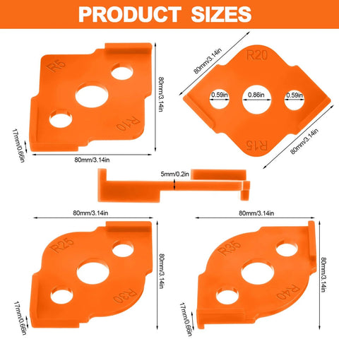 Four Pack Router Corner Radius Templates Set With ABS Hard Jig Guides For Woodworking, Includes Radii R5 R10 R15 R20 R25 R30 R35 R40, Orange Finish