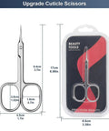 Ultra Precise Cuticle Scissors With Extra Fine Curved Blade, silver, ergonomic design, shown beside packaging for nail care and grooming.