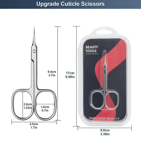 Ultra Precise Cuticle Scissors With Extra Fine Curved Blade, silver, ergonomic design, shown beside packaging for nail care and grooming.