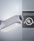 LL Type Conduit Body 1-1/2 Inch Threaded, Die Cast Aluminum With Stamped Steel Cover, Gray, certification marks visible