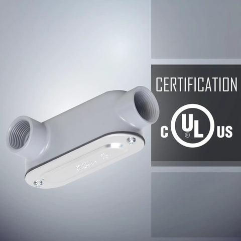 LL Type Conduit Body 1-1/2 Inch Threaded, Die Cast Aluminum With Stamped Steel Cover, Gray, certification marks visible