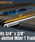 48-Inch Miter T Track With T Bar For Table Saw, Router Table, And Bandsaw placed on table saw with 3/4 by 3/8 T slot fitting