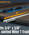 Top Shelf 48 Inch Miter T Track With Matching T Bar Snugs Into Table Saw, lightweight anodized aluminum, fits standard miter gauge bars.