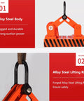Heavy Duty 1100 Lbs Magnetic Lifter With Rust Proof Alloy Steel Body And High Strength Hooks overview highlighting alloy steel lifting ring and durable body.
