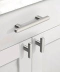3 Inch Brushed Satin Nickel Cabinet Pulls installed on white cabinet, part of 10 Pack for modern farmhouse and contemporary cabinets.