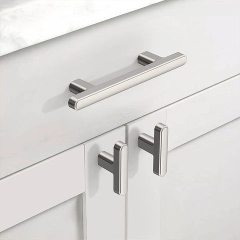 3 Inch Brushed Satin Nickel Cabinet Pulls installed on white cabinet, part of 10 Pack for modern farmhouse and contemporary cabinets.