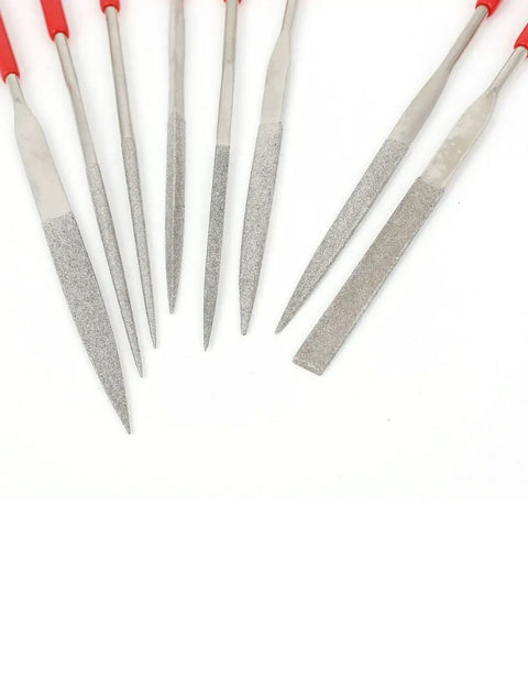 Eight Piece Diamond Files Set With Plastic Handles, Pro Grade, Includes Square, Round, Triangular And Pointed Flat Files, 4mm Shank