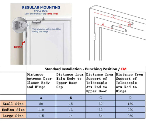Installation guide for Heavy Duty Hydraulic Self Closing Door Closer With Dead Silent No Slam Action showing mounting distances.