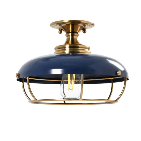 Industrial Caged Dome Metal Semi Flush Ceiling Light In Brushed Brass And Navy Blue For Living Rooms Hallways Kitchens And Entryways Old School Edison Bulb Vibe Durable Metal Cage Shade Hardwired