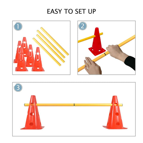 Dog Agility Hurdle Training Set With Adjustable Cones And Jumps, Backyard Obstacle Course Kit assembled with orange frames.