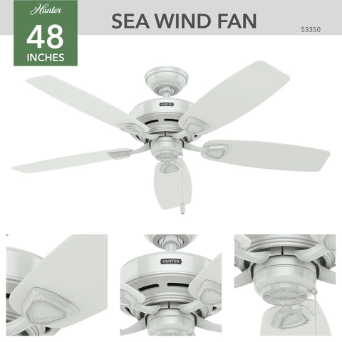 48 Inch Damp Rated Ceiling Fan No Light with 5 Blades White Finish Standard Mount Pull Chain Indoor Outdoor Use