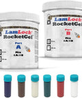 Image of RocketGel 25 Minute Pro Grade Epoxy Countertop Repair Kit For Granite Quartz And Tile Fix Chips Cracks And Fills With Color Matching Kit To Bring Your Countertops Back To New, featuring two jars of epoxy components and color pigments.