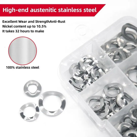 Heavy Duty Stainless Steel Wave Washer Kit 350 Piece Assortment For Gaskets And Spacers, 304-grade wave washers in plastic box