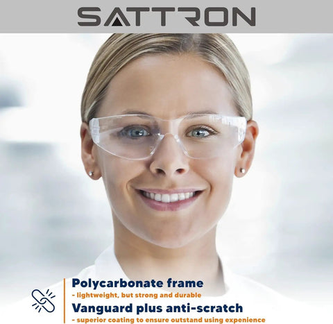 Woman wearing 50 Pack Clear Safety Glasses For Men And Women, ANSI Z87.1 Eye Protection, Scratch And Impact Resistant