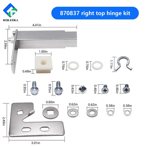 Right Side Top Door Hinge Cartridge Kit For QA Series Refrigerators And Freezers TSSU TUC TWT Models Replacement Part With 16 Components, including hinge bracket and mounting hardware with measurements
