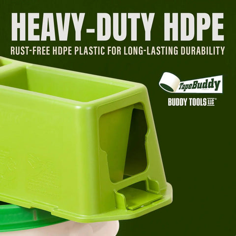 Close-up of TapeBuddy Drywall Taping Tool showing heavy-duty green HDPE material and logo, durable for mud application.