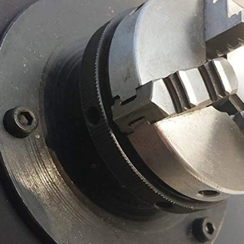 Close-up of the 65mm chuck on Pro Grade Rotary Welding Positioner For Pipe Fabrication, Tig Mig And Grinding.