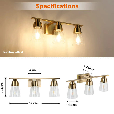 Three Light Bathroom Vanity Light Fixtures Modern Gold Wall Sconces With Seeded Glass Shade For Mirror Kitchen Living Room 22.04 Inch Dope Sleek Lighting dimensions and effect