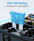 Close-up of a blue 32V 15A blade fuse in a circuit board, part of the 80 Count 15 Amp Standard Blade Fuses Pack For Cars, RVs, Trucks, SUVs, Motorcycles, and Boats, 32V Fast Acting Auto Fuses In Green Zinc Alloy, 80 Pcs Durable Electrical Protection For Your Ride.