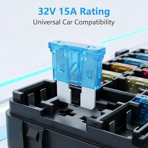 Close-up of a blue 32V 15A blade fuse in a circuit board, part of the 80 Count 15 Amp Standard Blade Fuses Pack For Cars, RVs, Trucks, SUVs, Motorcycles, and Boats, 32V Fast Acting Auto Fuses In Green Zinc Alloy, 80 Pcs Durable Electrical Protection For Your Ride.