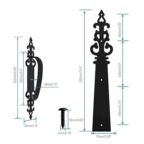 Dimensions of Six Pack Steel Garage Door Hardware Kit With Decorative Hinge Handles For Metal And Wood Doors shown