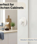 Hassle Free No Drill Cabinet Handles And Peel And Stick Knobs In Matte White for kitchen cabinet close-up with modern design.